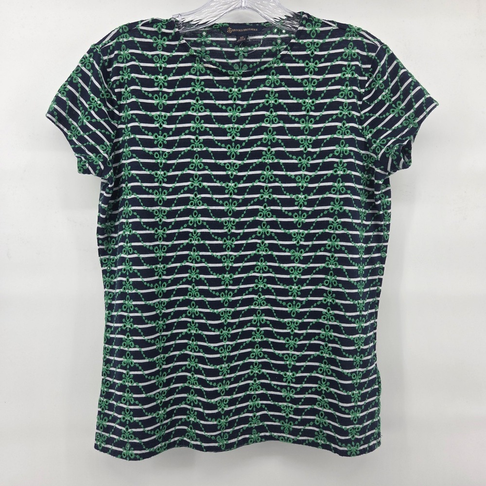 Brooks Brothers Top XS Navy Green Eyelet Embroidered Preppy Coastal